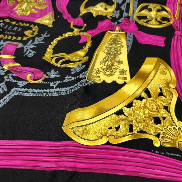 Auth HERMES Carre 90 - Black Gold Pink Silk Scarf - Picture 8 of 12